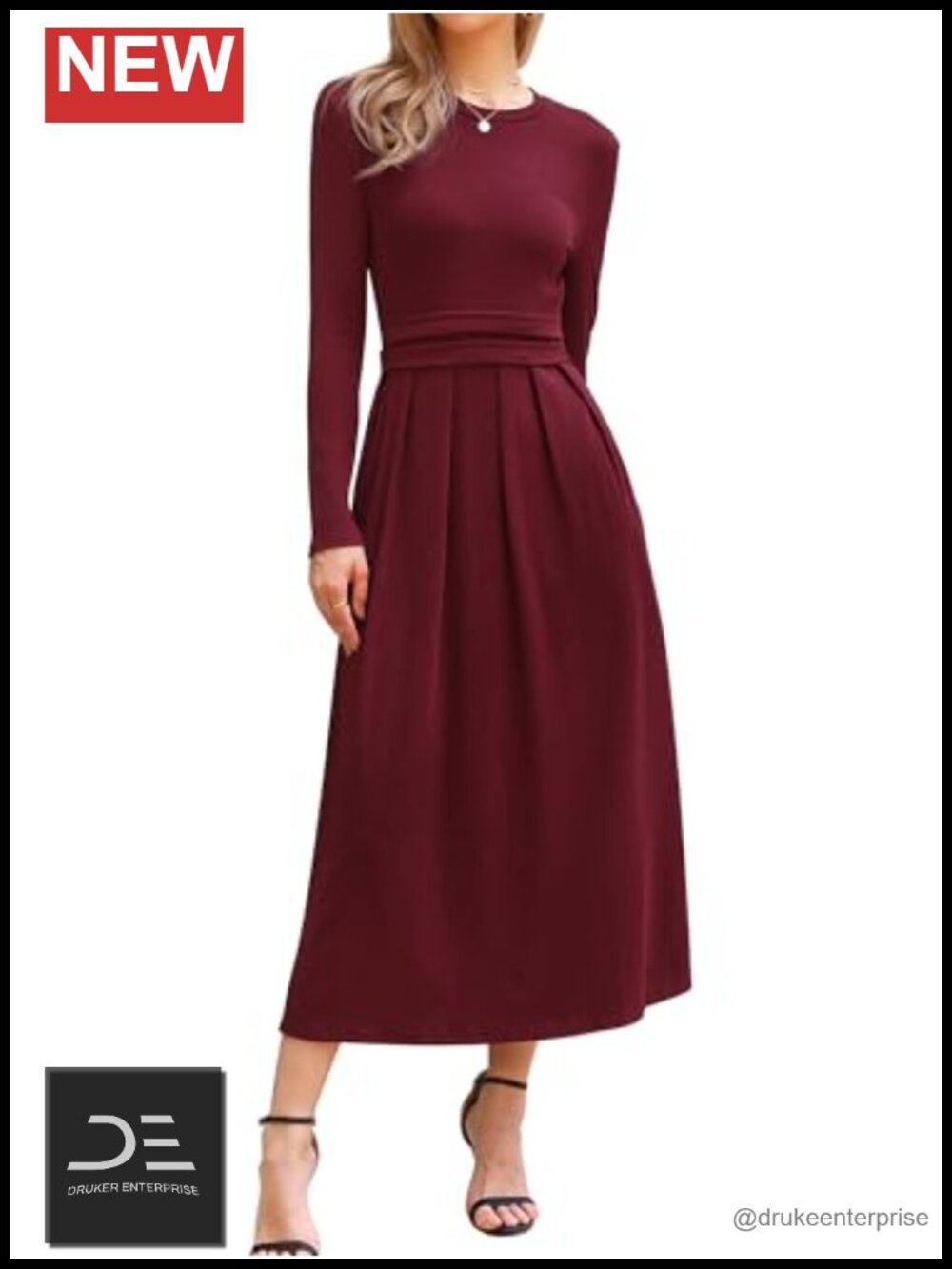 Long Sleeve Maxi Dress A-Line Ribbed Knit Pleated Casual Formal